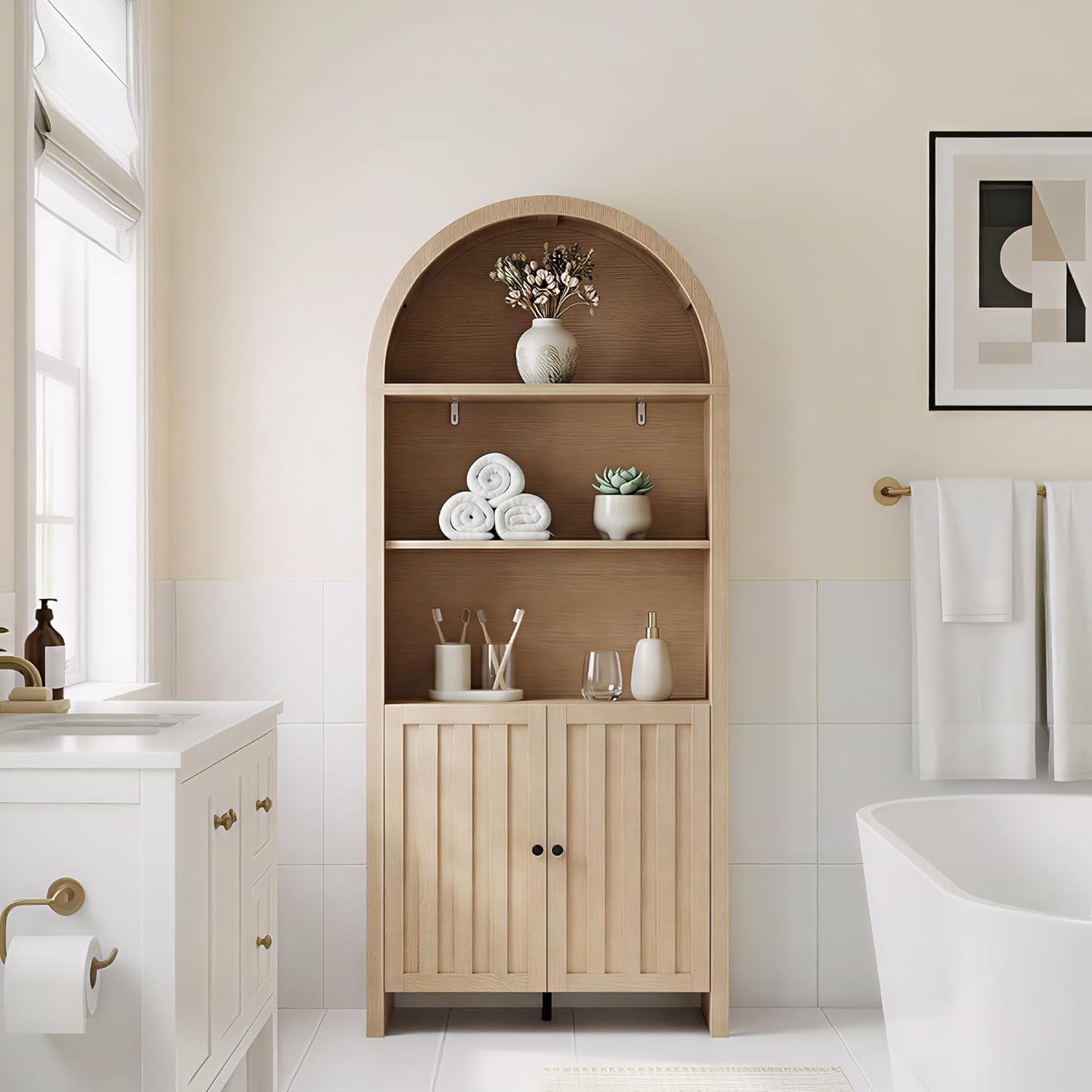 ChooChoo Arched Bookcase used as a storage cabinet in a bathroom, highlighting its versatility.