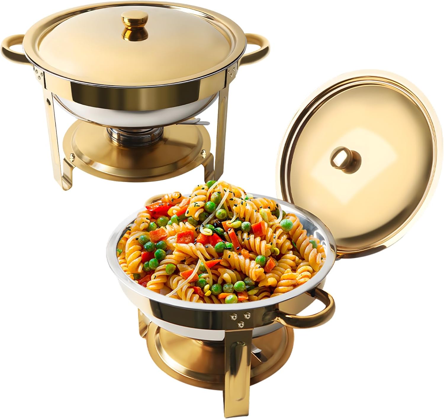 Chafing Dish for Buffet Set, 4.8 Qt 2 Packs Buffet Servers and Warmers Set with Lid Holder, Gold and Silver Stainless Steel Round Chafers for Catering, Food Warmers for Parties, Dinners, Wedding