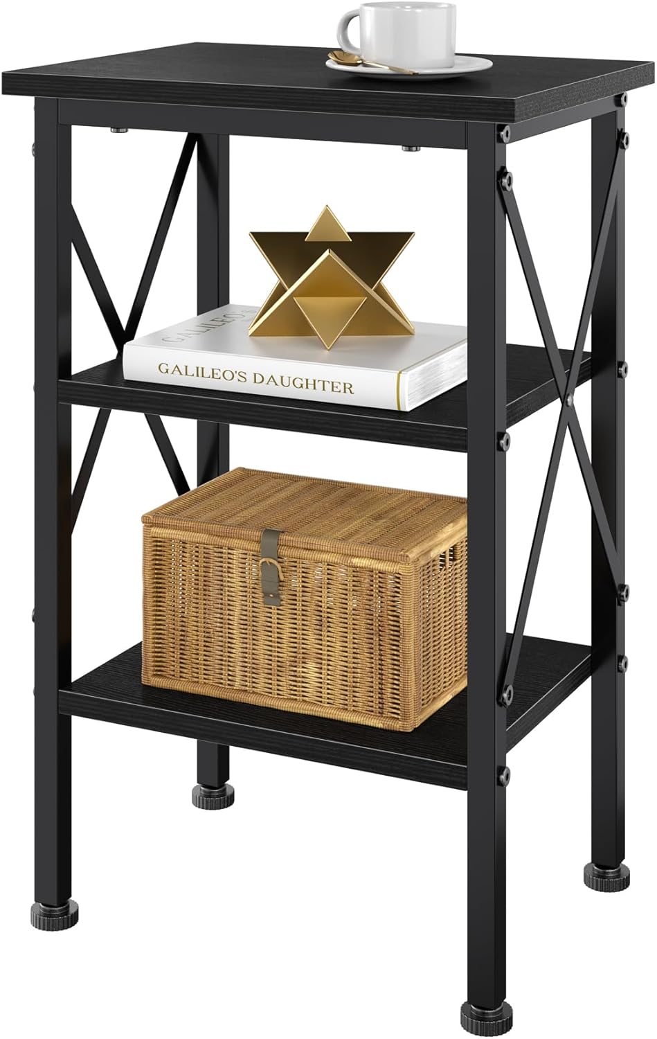VECELO End Table, Bedside Table, 24" Tall Living Room End Tables, X-Design Reinforced Nightstands, Side Table with 3-Tier Storage Shelves for Small Spaces, Office, Bathroom, Bedroom, Classic Black