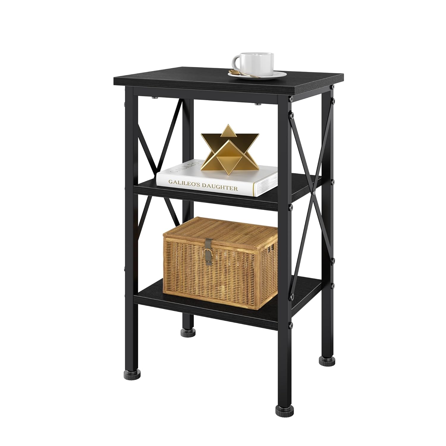 VECELO End Table 24 Tall Living Room Side Tables X-Design Reinforced Bedside Table Nightstands with 3-Tier Storage Shelves