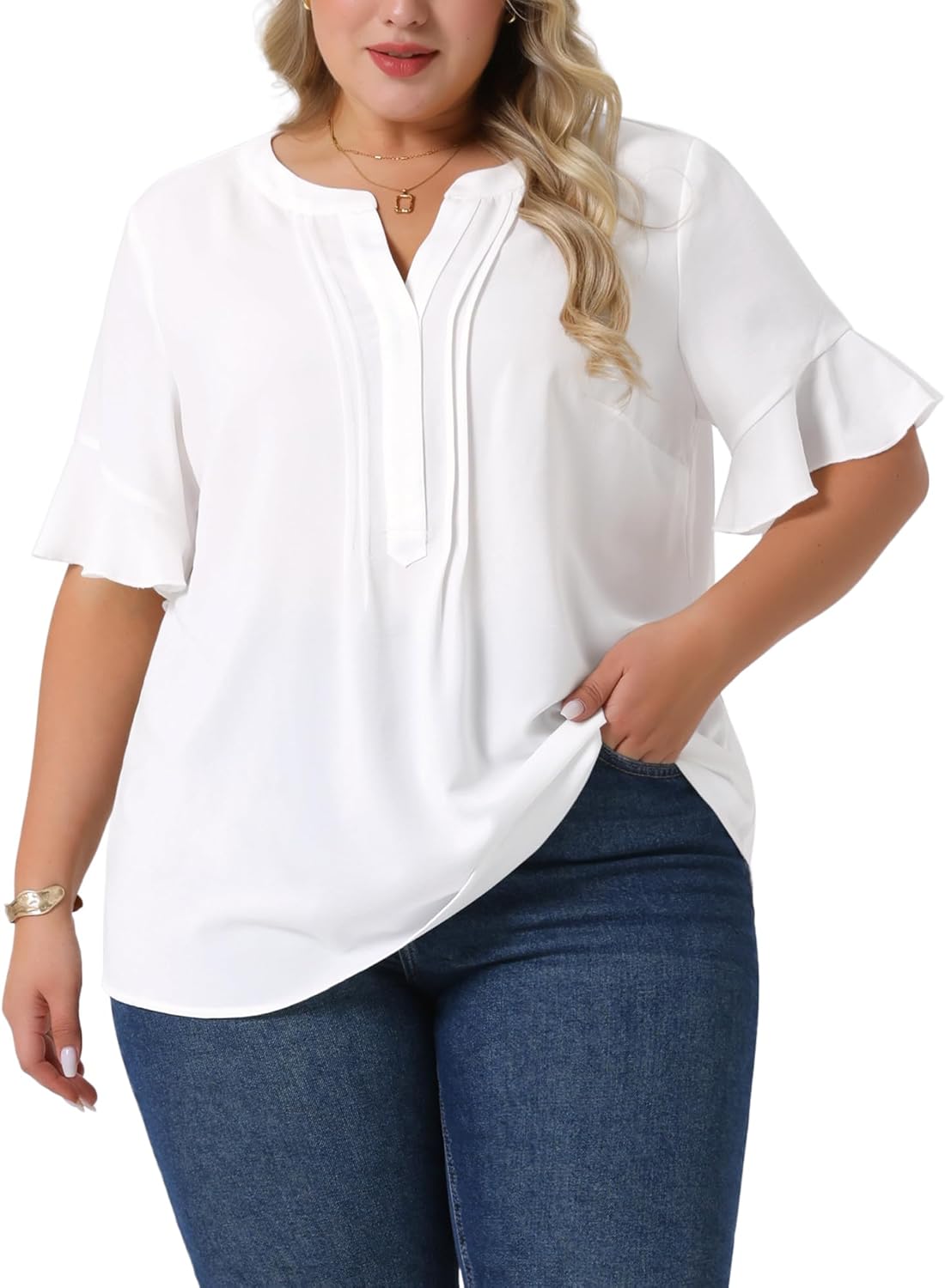 Agnes Orinda Plus Size Top for Women V Neck Ruffle Short Sleeve Casual Chiffon Blouse Shirt