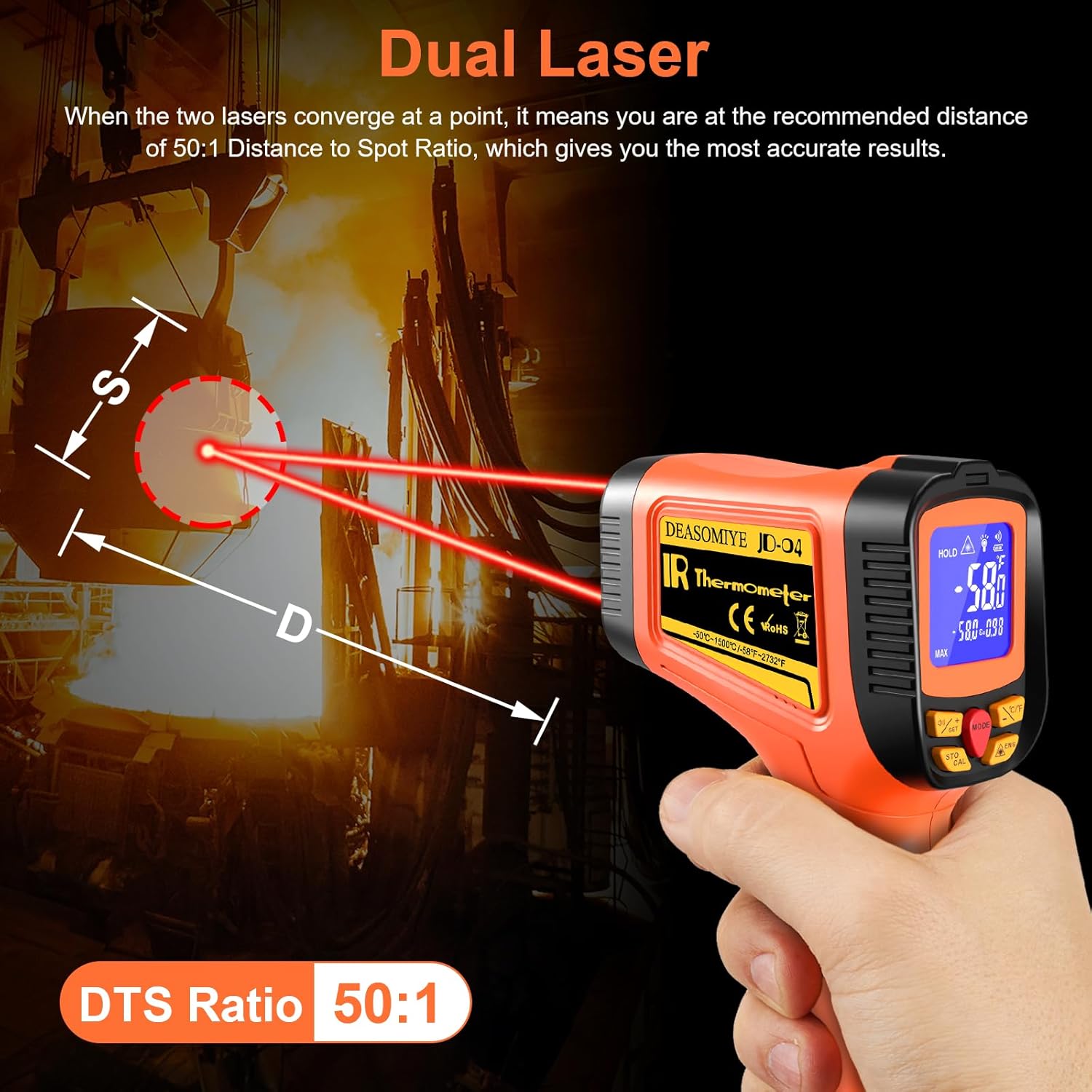 -58°F to 2732°F Digital Infrared Thermometer Gun, 50:1 Distance Ratio Laser Temperature Gun with MAX/MIN/AVG Measure and Alarm, Heat IR Temp Gun for Cooking, Griddle, HVAC, Industrial Forging