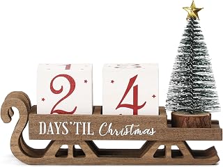 99 Days Christmas Countdown Blocks with Santa Sleigh - Rustic Wooden Advent Calendar for Farmhouse Decor, Christmas Tree Mantel Tiered Tray Decorations