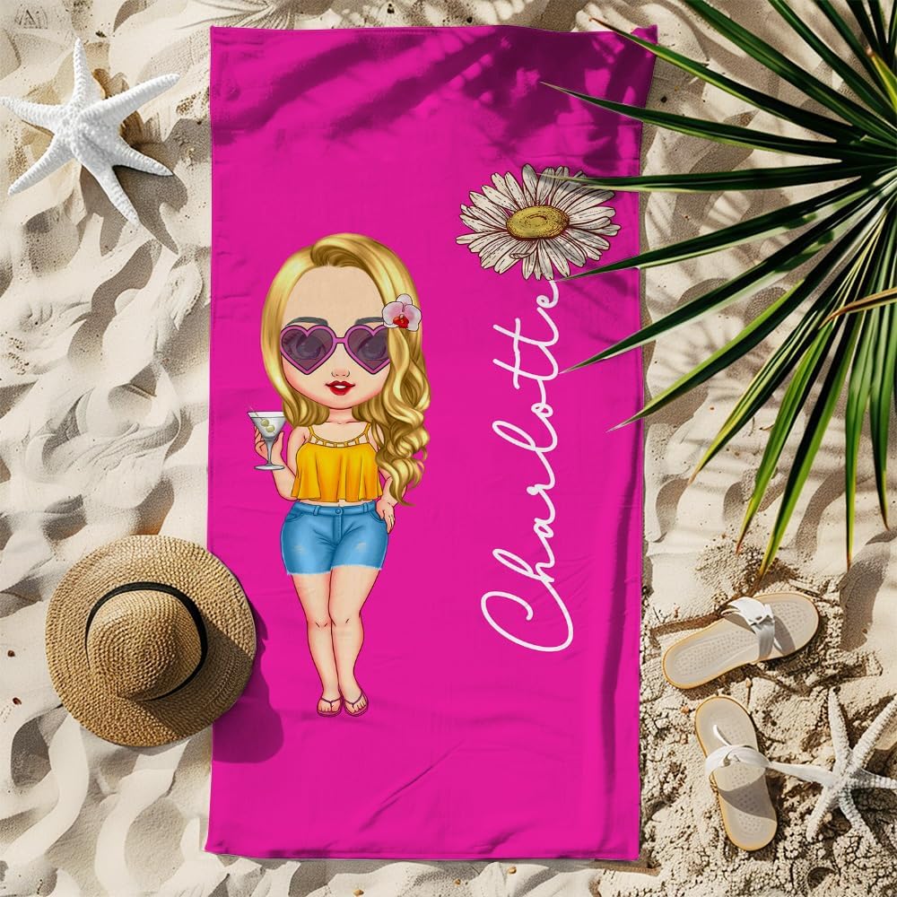 Personalized Beach Towels for Adults Cartoon Quick Dry Custom Beach Towel with Names and Birth Flower on Beach Travel Pool for Women