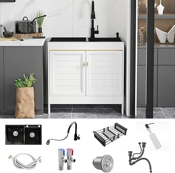 Deep Utility Sink with Cabinet,Stainless Steel Kitchen Sink,Outdoor Sink Station,Commercial Double Bowl Kitchen Sinks,Garage Sink,Laundry Sink,Commercial Sink,Free Standing Sink,with Pull Out Faucet