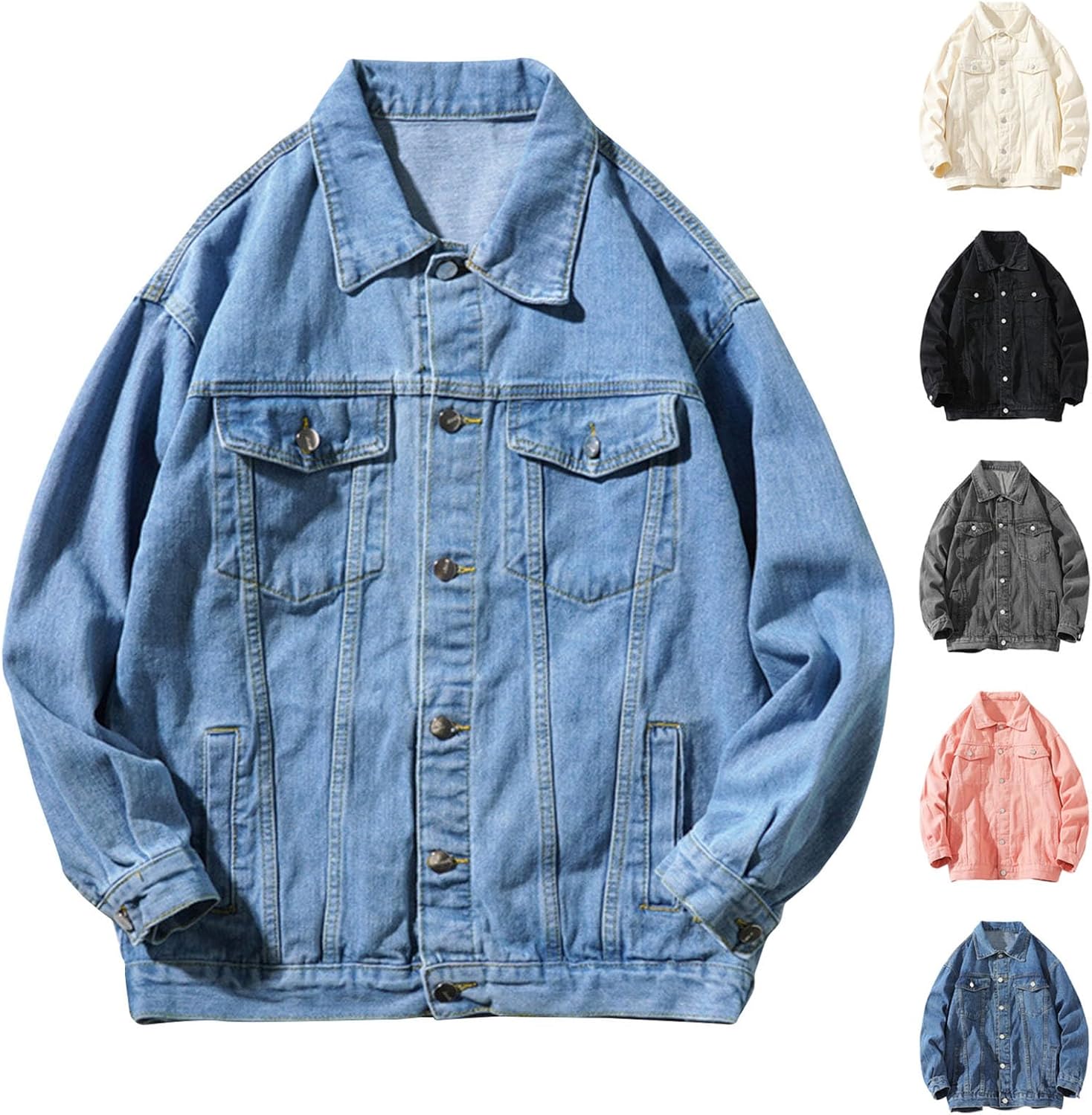 Cambkatl Men's Loose Denim Jackets, Casual Long Sleeve Button Down Lapel Collar Classic Trucker Outerwear with Pockets