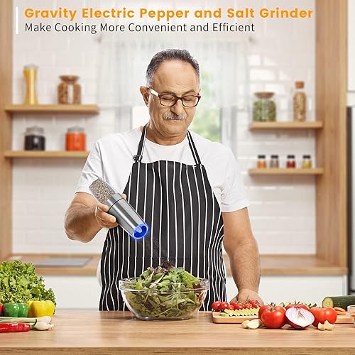 Miniatura 7 de Gravity - Juego de molinillo eléctrico de sal y pimienta, 2 unidades de molinillo automático de sal y pimienta con luz LED y grosor ajustable,