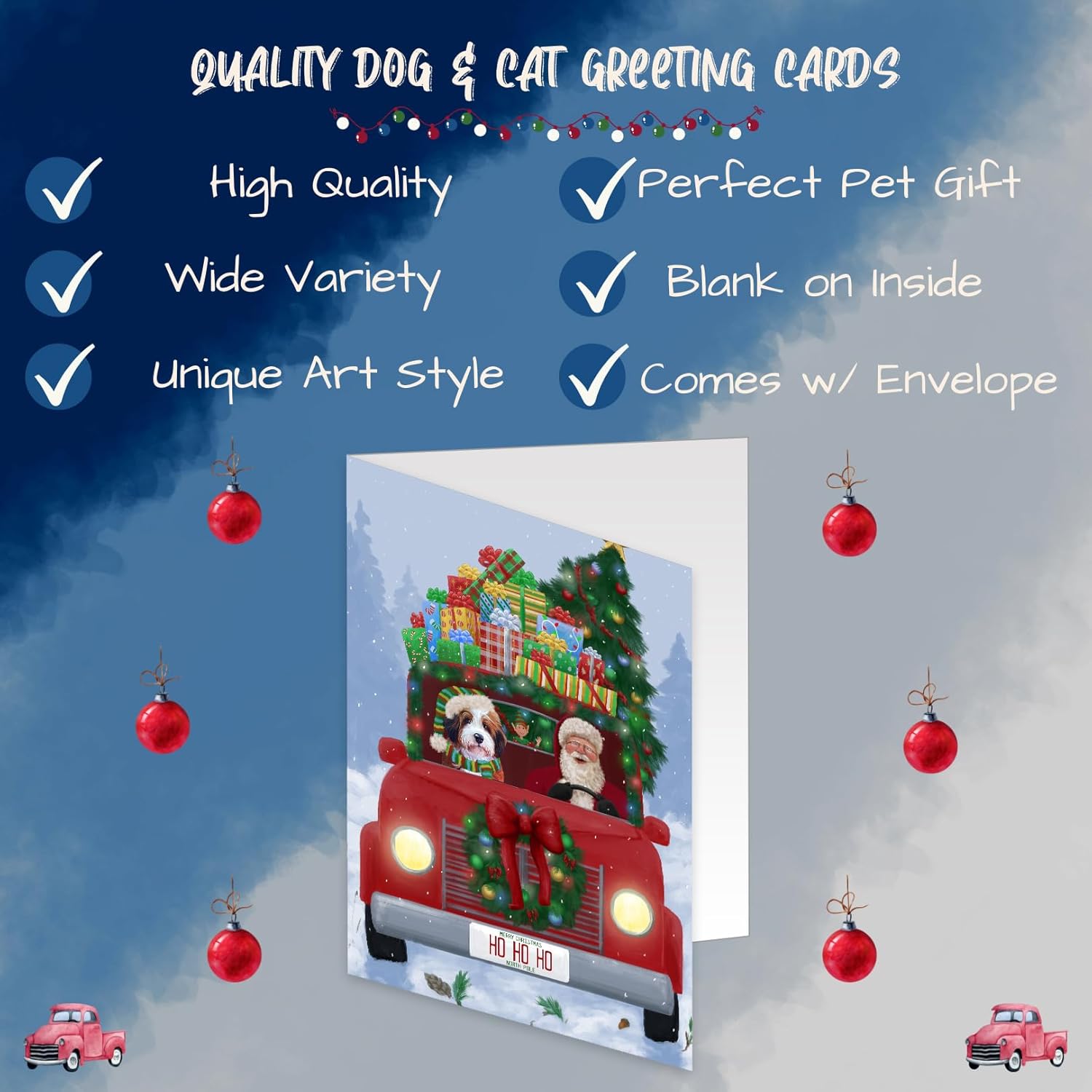 Christmas Honk Honk Red Truck Here Comes with Santa and Bernedoodle DogNote Cards - Adorable Pets Invitation Cards with Envelopes - Pet Artwork Christmas Note Cards GCD75485 (10 Greeting Cards)
