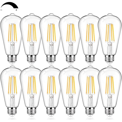 12Packs Vintage LED Edison Bulbs, 60W Equivalent 7W, 800Lumens, Dimmable ST64 Antique LED Filament, Soft Warm White 2700K, E26 Medium Base Light Bulbs High Brightness Clear Glass for Bedroom Office