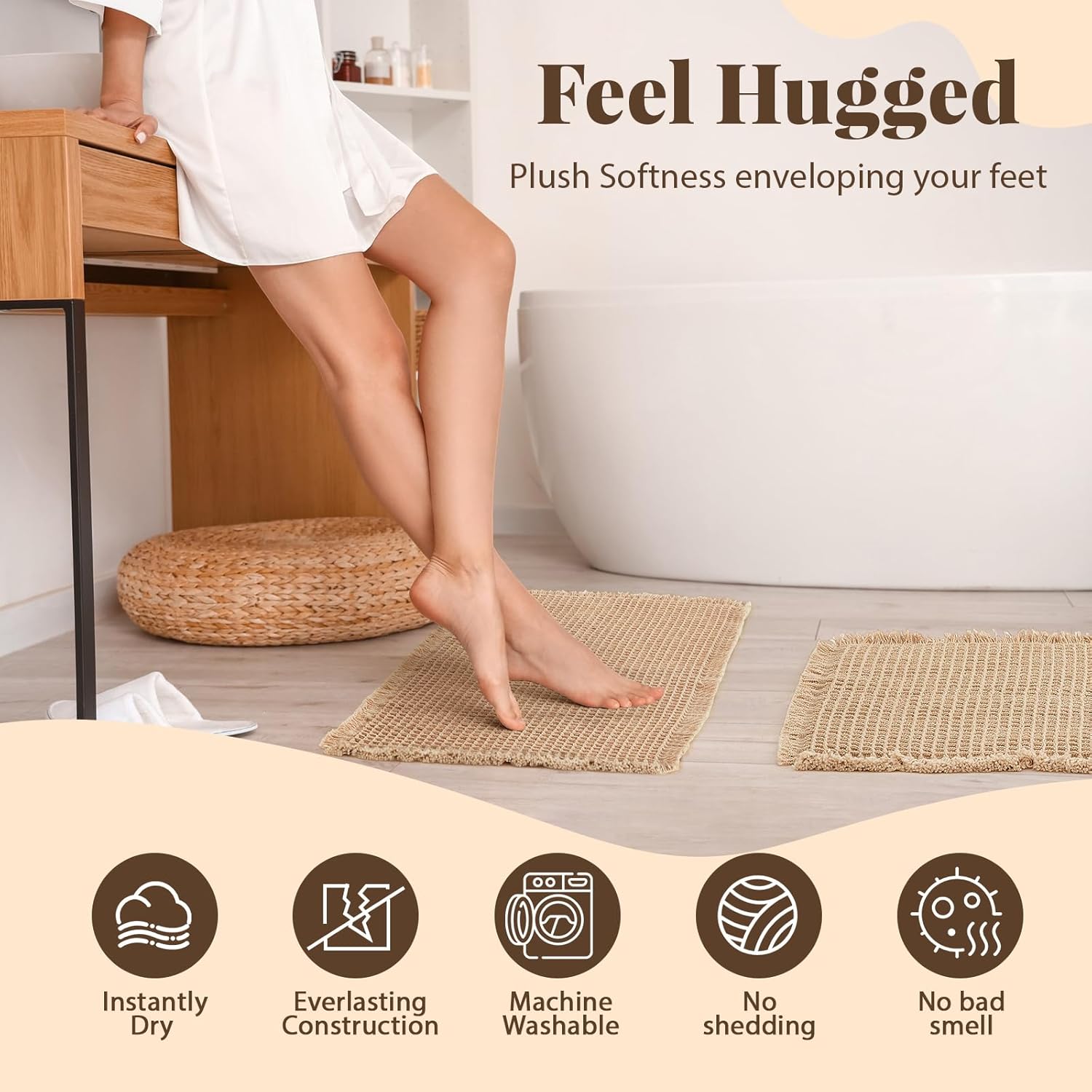 Tinideya Waffle Bathroom Rugs and Mats Sets 2 Pcs Waffle Bath Mat 18 x 30 and 24 x 36 Absorbent Non Slip Machine Washable Bath Rugs(Brown)