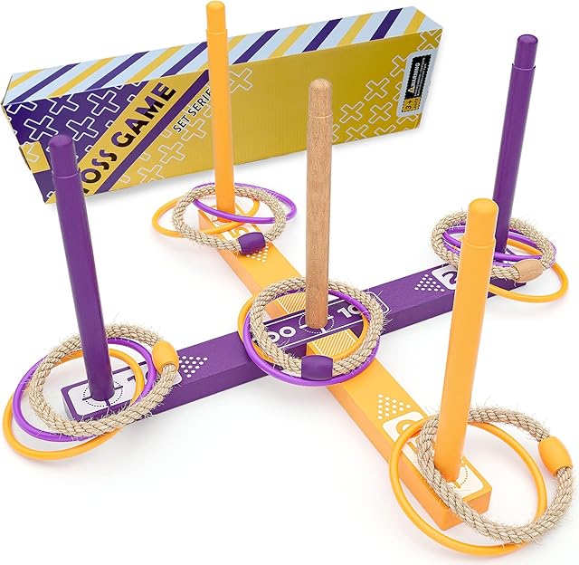 Outdoor Quoits, Quality Rope Wooden Ring Toss Throwing Game for Garden Hoopla Set Toy