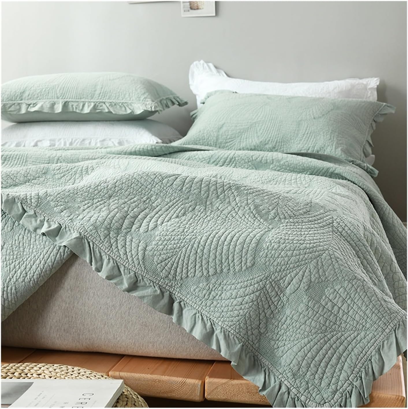 Full/Queen Bedspreads Quilt 90"x98" Soft Cotton Lightweight 3 Piece Quilted Coverlet Pillowcase Set All-Season Bedding(Green)