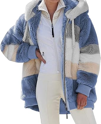 Womens Contrasting Lamb Wool Padded Coat Autumn and Winter Loose Plush Multicolor Hooded Jacket Women Blue,L