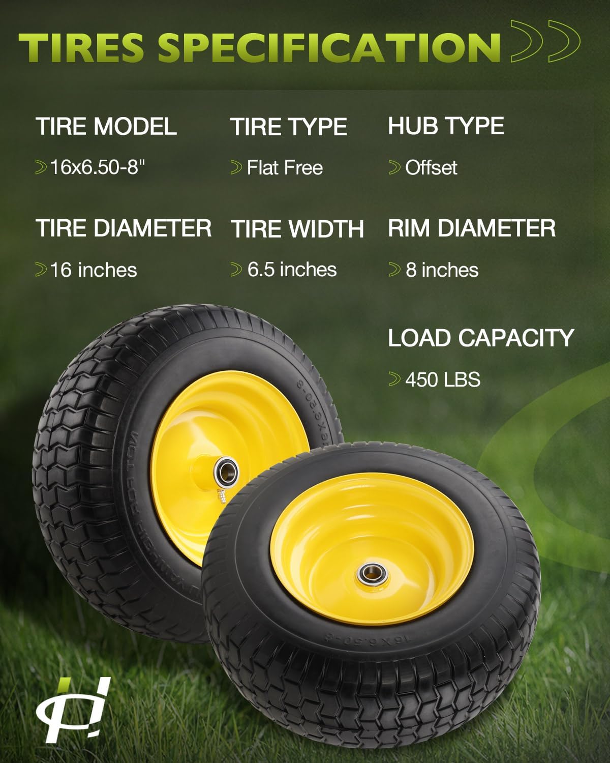 16x6.50-8 Flat Free Tire and Wheel Assembly, 3/4-Inch Bearing with Extra 1-Inch Bearings, 3-Inch Offset Hub, Includes Bushings & Washers, for Riding Lawn Mower Garden Tractor 2 Pack
