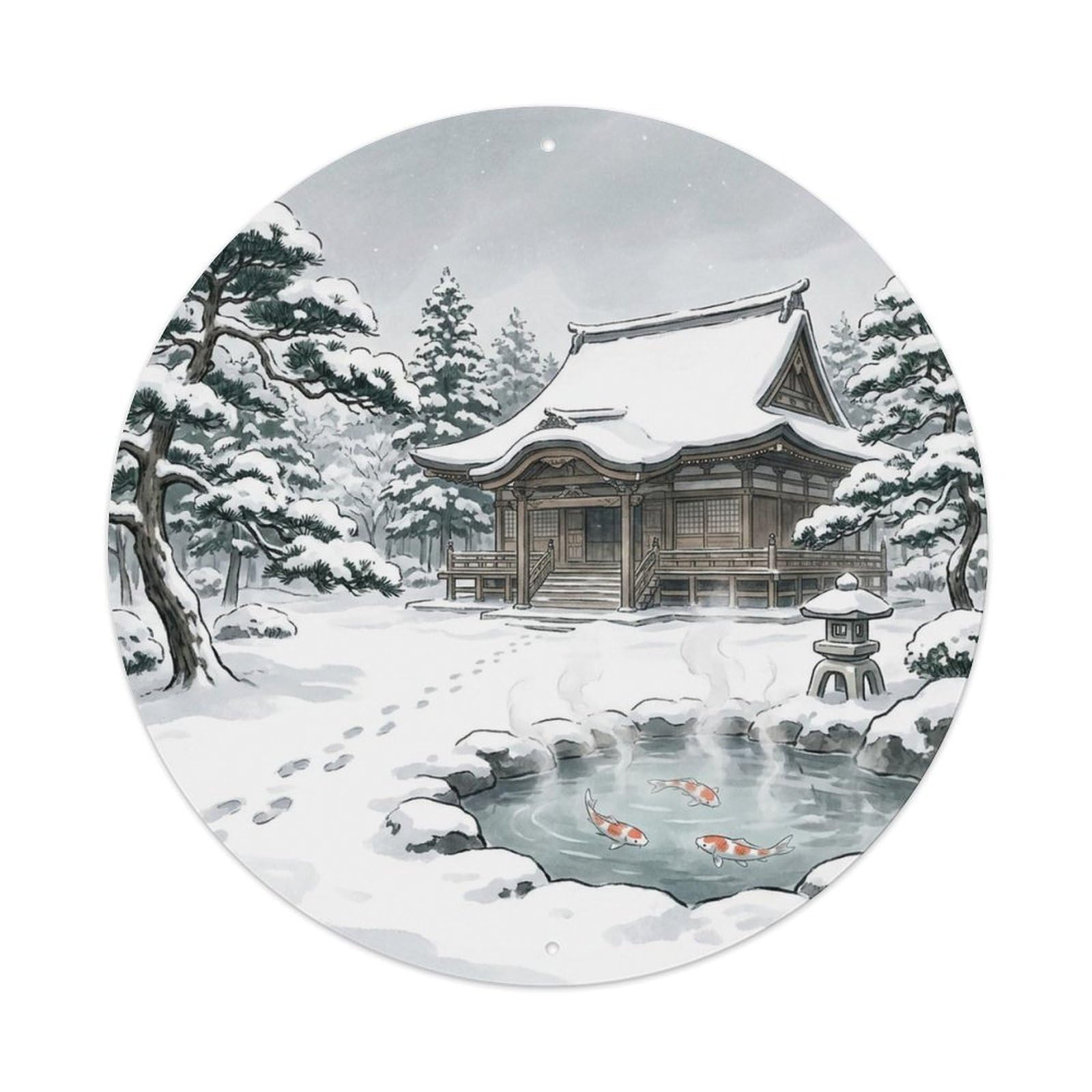 Olyhtr 8X8inch Classic Style Temple Pond Water Lantern Japanese Garden Koi Style Metal Tin Sign