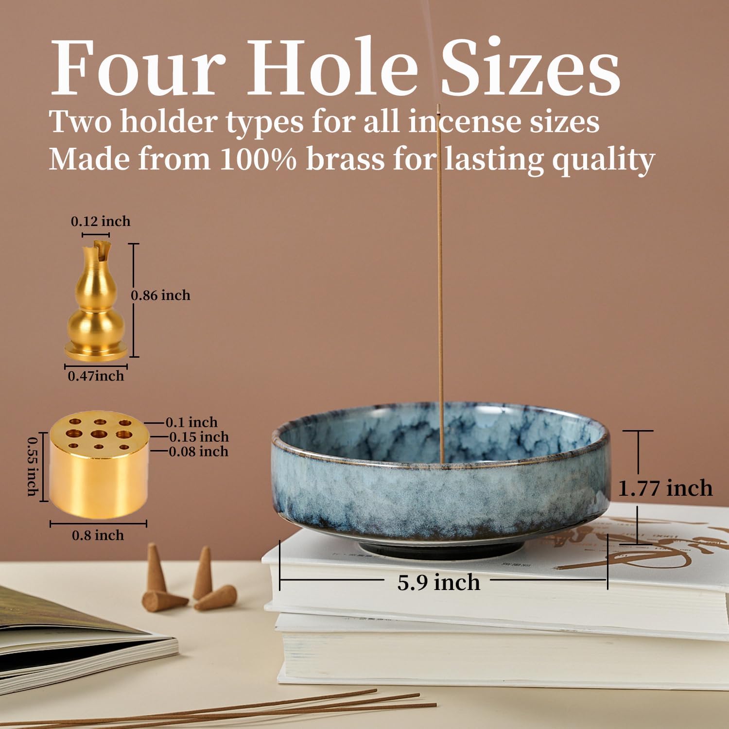 5.9" Ceramic Incense Holder with 10 Holes,5in1 Incense Tray for Sticks,Coil,Cone,Sage,Palo Santo,Handcrafted Burner Ash Catcher Smudge Bowl for Yoga Meditation Energy Cleansing Room Décor,Blue