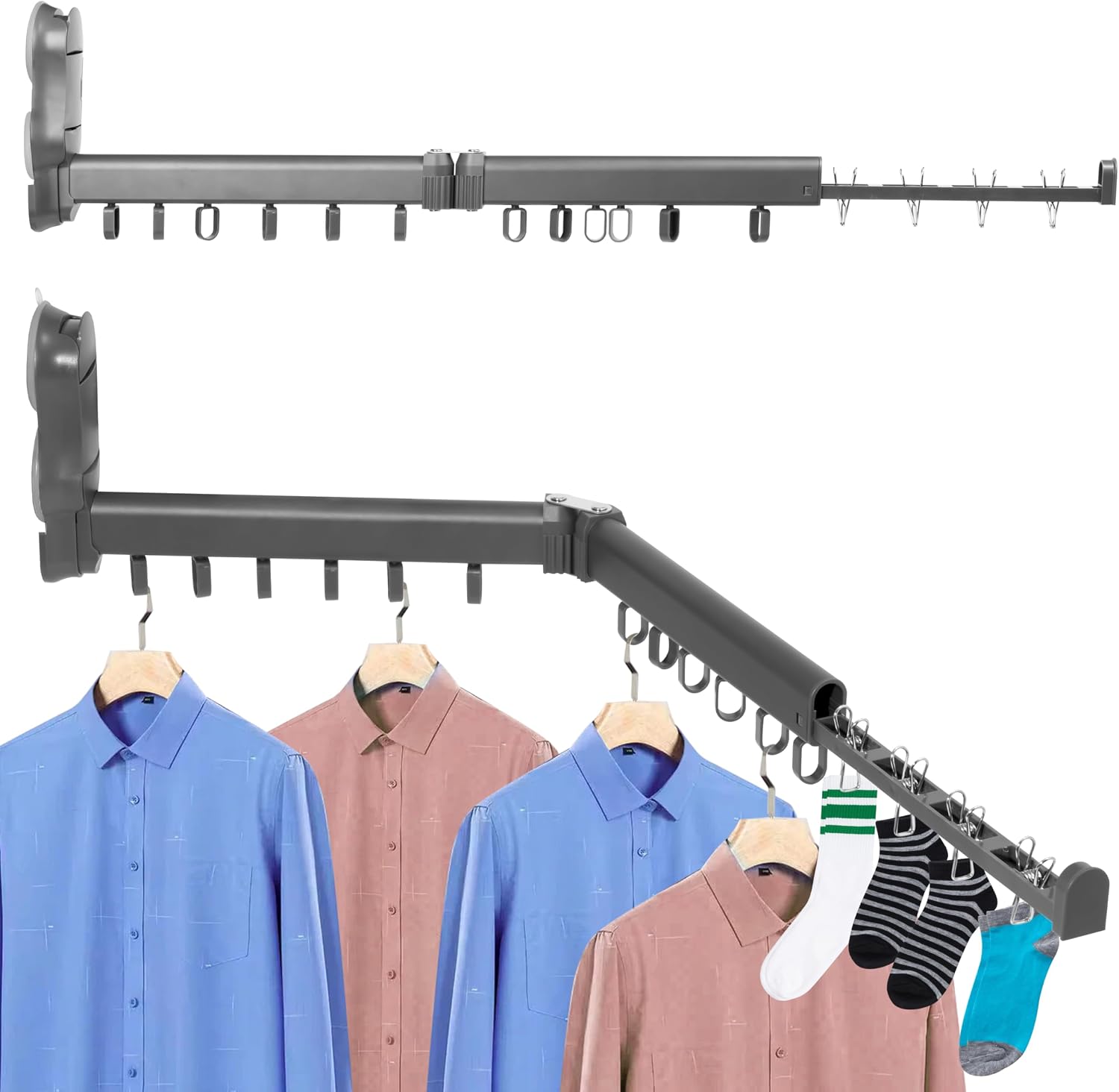 Wall Mounted Drying Rack - Laundry Room Clothes Foldable Hanging Dry Rack, Suction Cup Wall Mount Folding Clothes Hanger Collapsible with 12 Hooks and 4 Clips, Retractable Clothing Holder