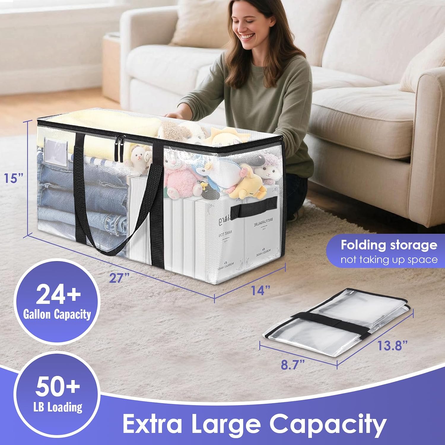 4 Pack Extra Large Moving Bags, Semi-Transparent | Heavy Duty, Strong Zippers, Reinforced Handles and Tag Pocket, Packing Totes for College Dorm Room, Space Saving