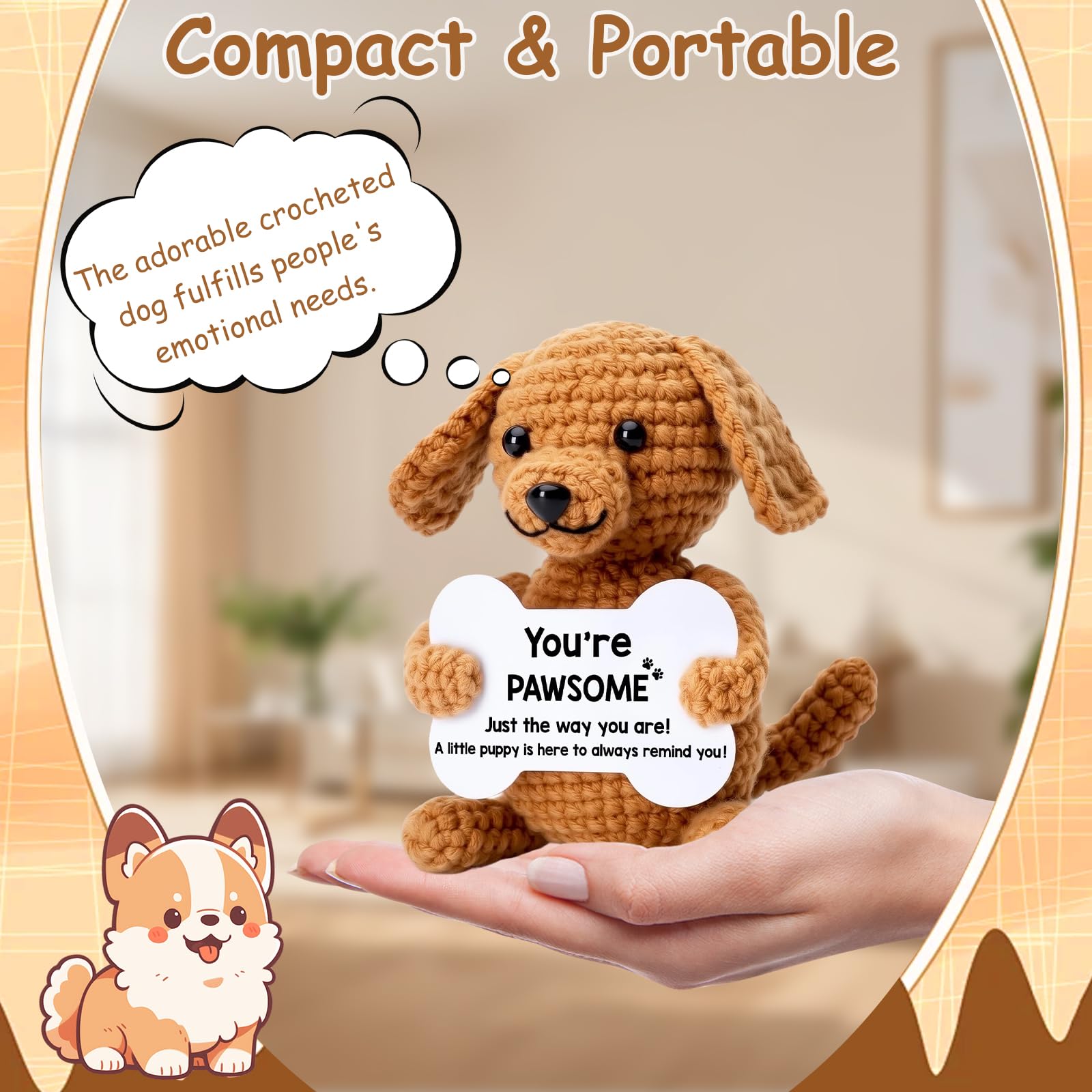 Qubitly Positive Crochet Teckel, Brown Handmade Weiner Dog, Yarn & Cotton Stuffed Animal, Positive Crochet Animals - Image 2