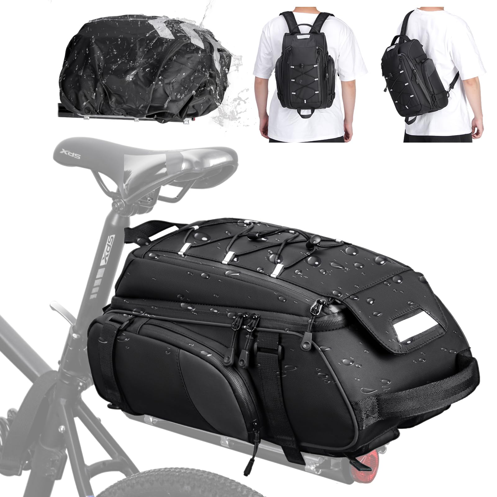RAINSMORE Bike Bags for Bicycle Rear Rack 15L Waterproof Bike Ebike Trunk Pannier Saddle Bag with Rain Cover Bike Accessories Backpack Shoulder Bag for Commuter Travel Outdoor, Black