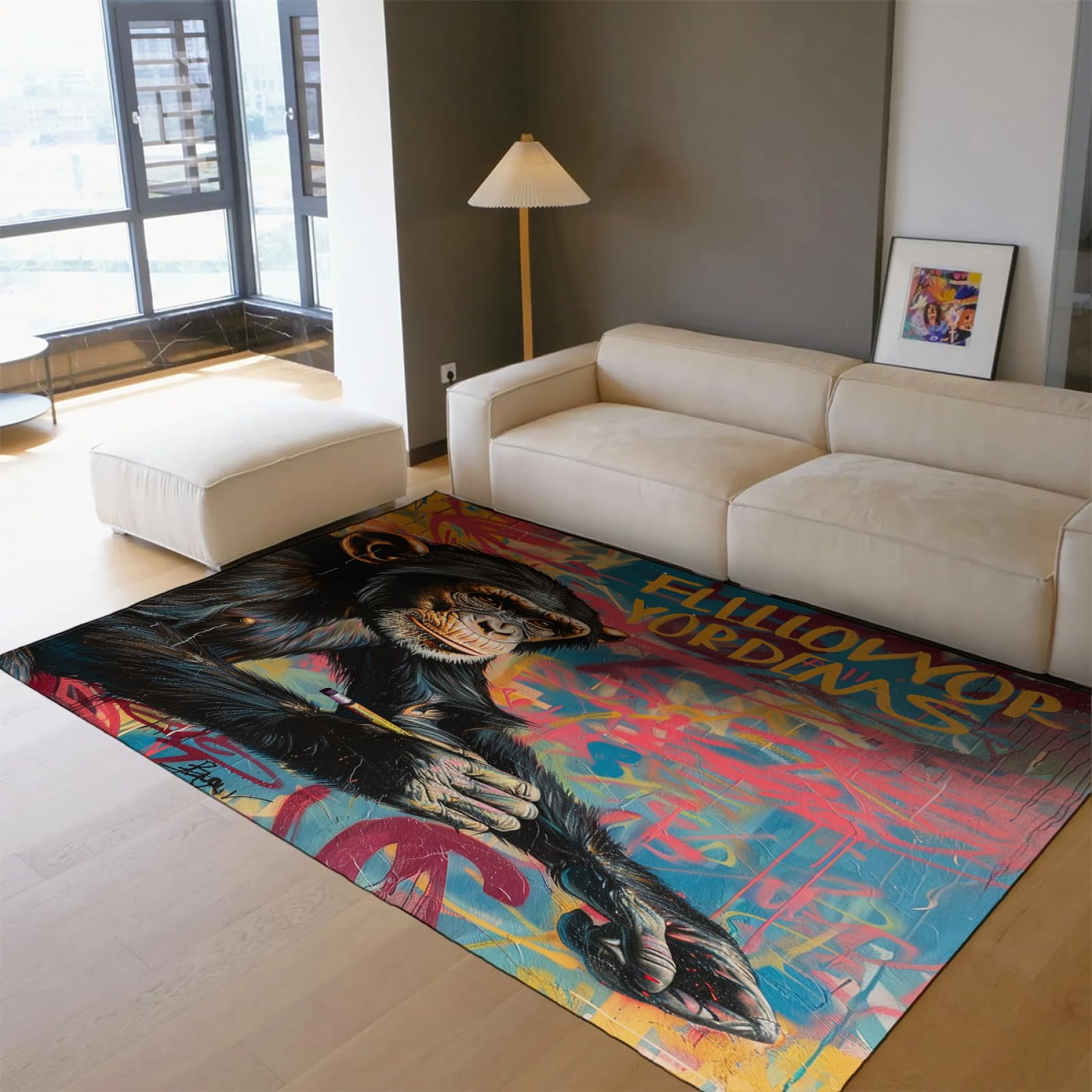 Dywaniki z motywem sztuki abstrakcyjnej, małpa, graffiti, sztuka, zmywalny, niskie runo, lekka, składana wycieraczka do pralni, pokoju zabaw, 150 x 210 cm