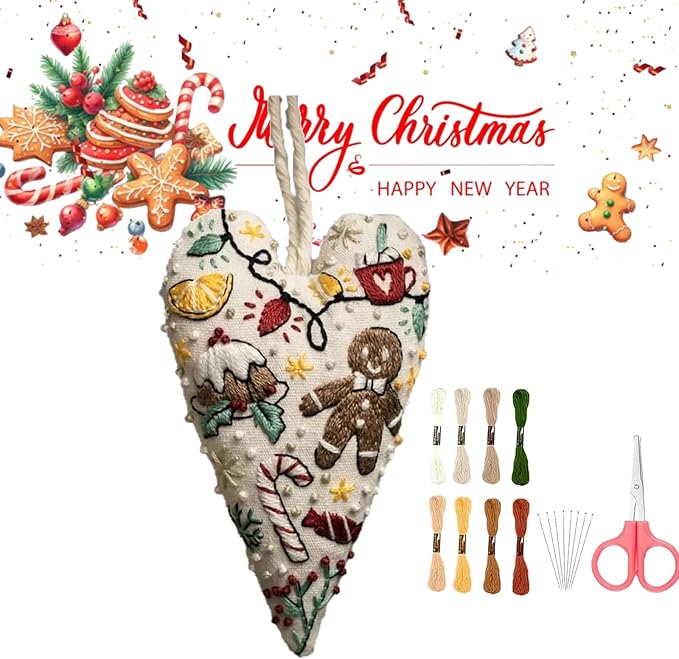 DIY Heart Embroidery Christmas Decoration, Heart Shaped