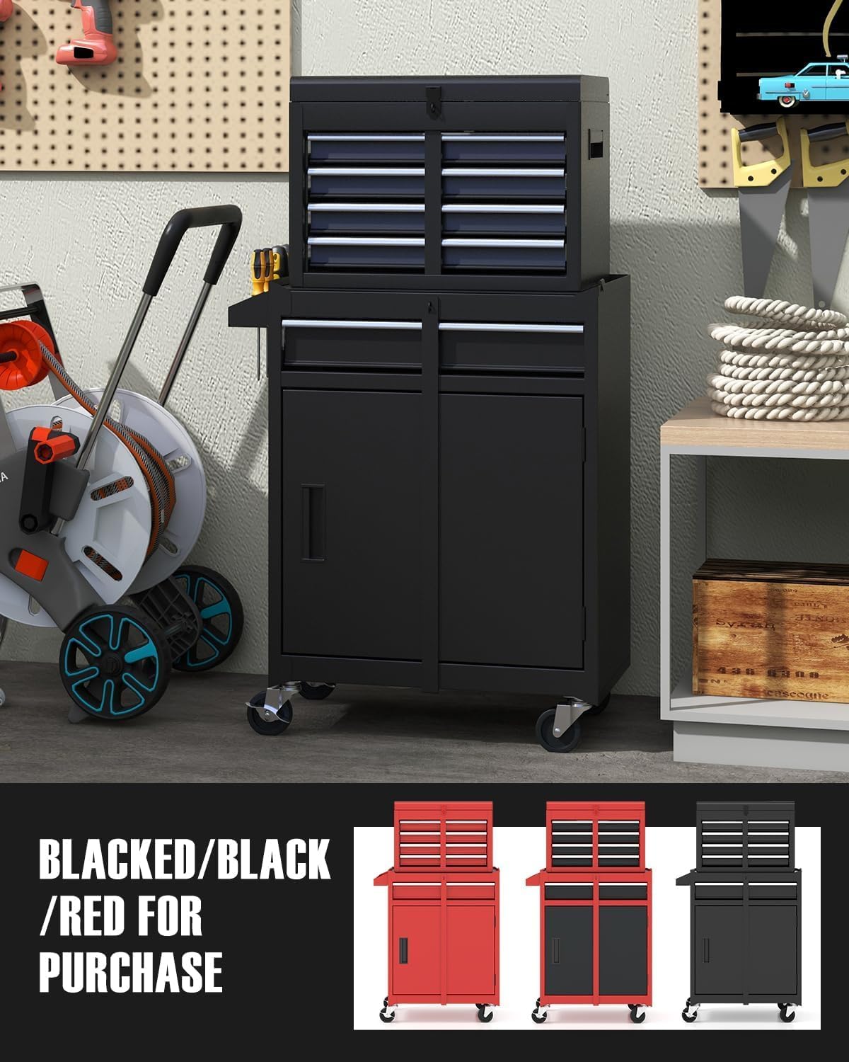 ARNOT 2-in-1 Rolling Tool Chest with 5 Drawers, Heavy-Duty Metal Tool Box with Wheels, Detachable Top Tool Box & Rolling Tool Cabinet for Garage, DIY (5-Drawers, Black)