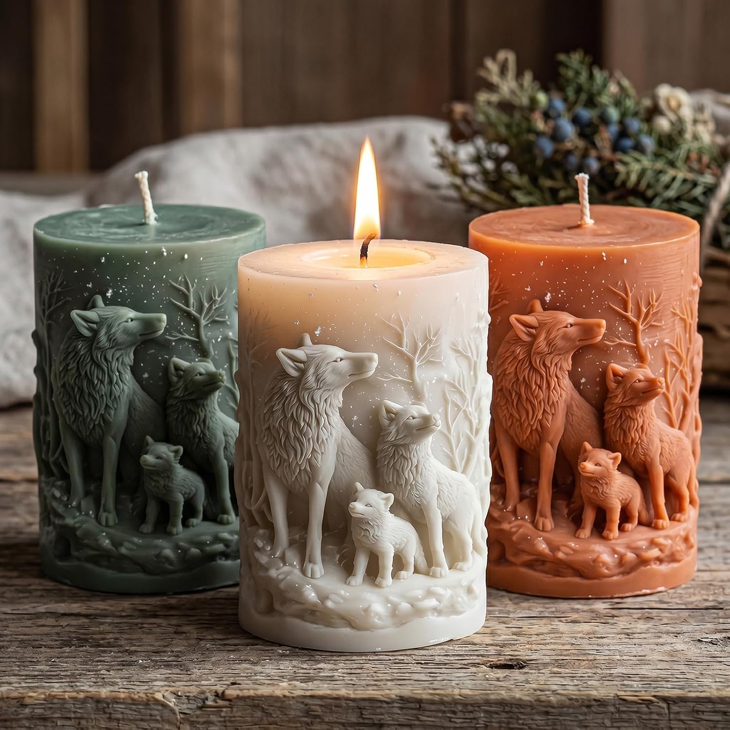 XIAOSHUI Wolf Family Candle Molds Animal Wolf Cylinder Candle Silicone Mold for Candles Making Resin Casting Aromatherapy Candles Gypsum Craft Home Decorate