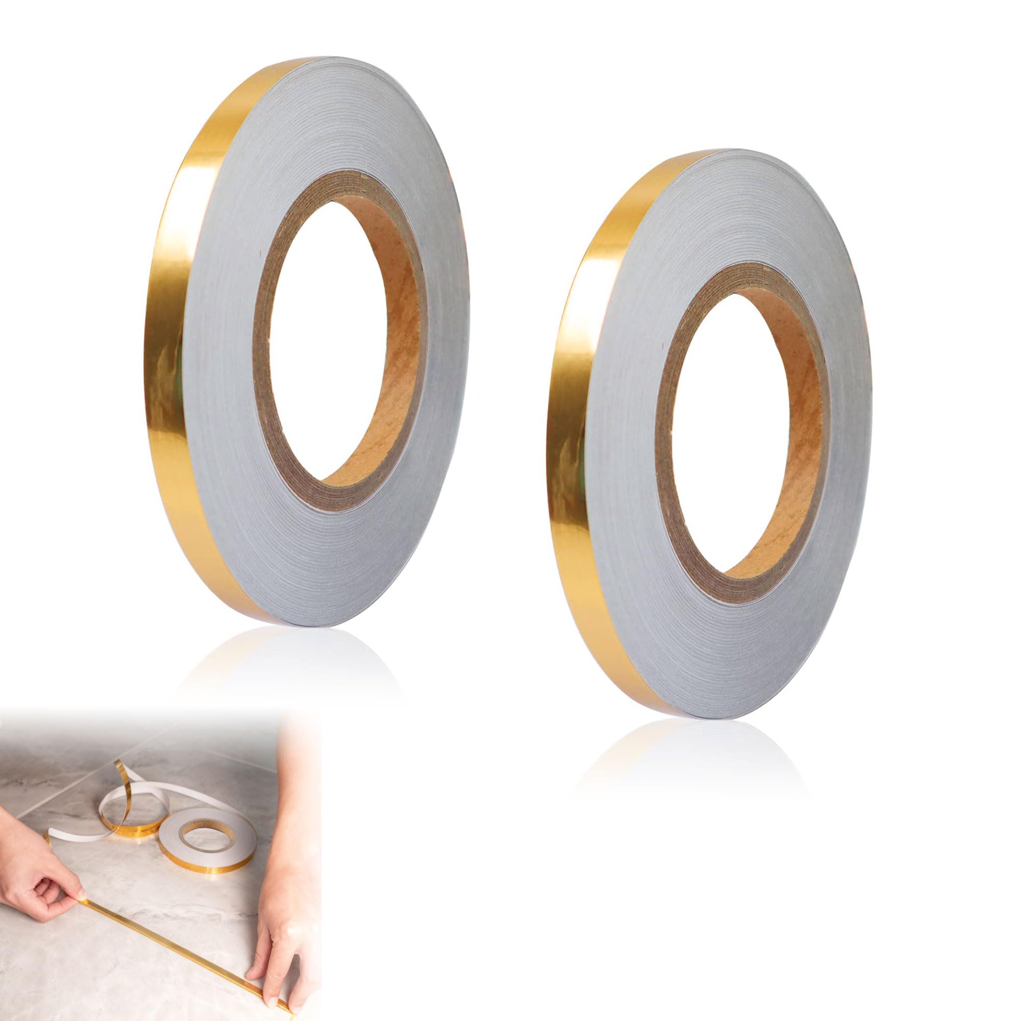 2PCS Gold Tape Self-Adhesive Tile Seam Sticker Gold Strips for Wall Decor Waterproof Gap Sealing Foil Washi Tape for Detailing Accent Wall Graphic Arts Wardrobe Crafts Tile Car Trim (0.5cm x 50M)