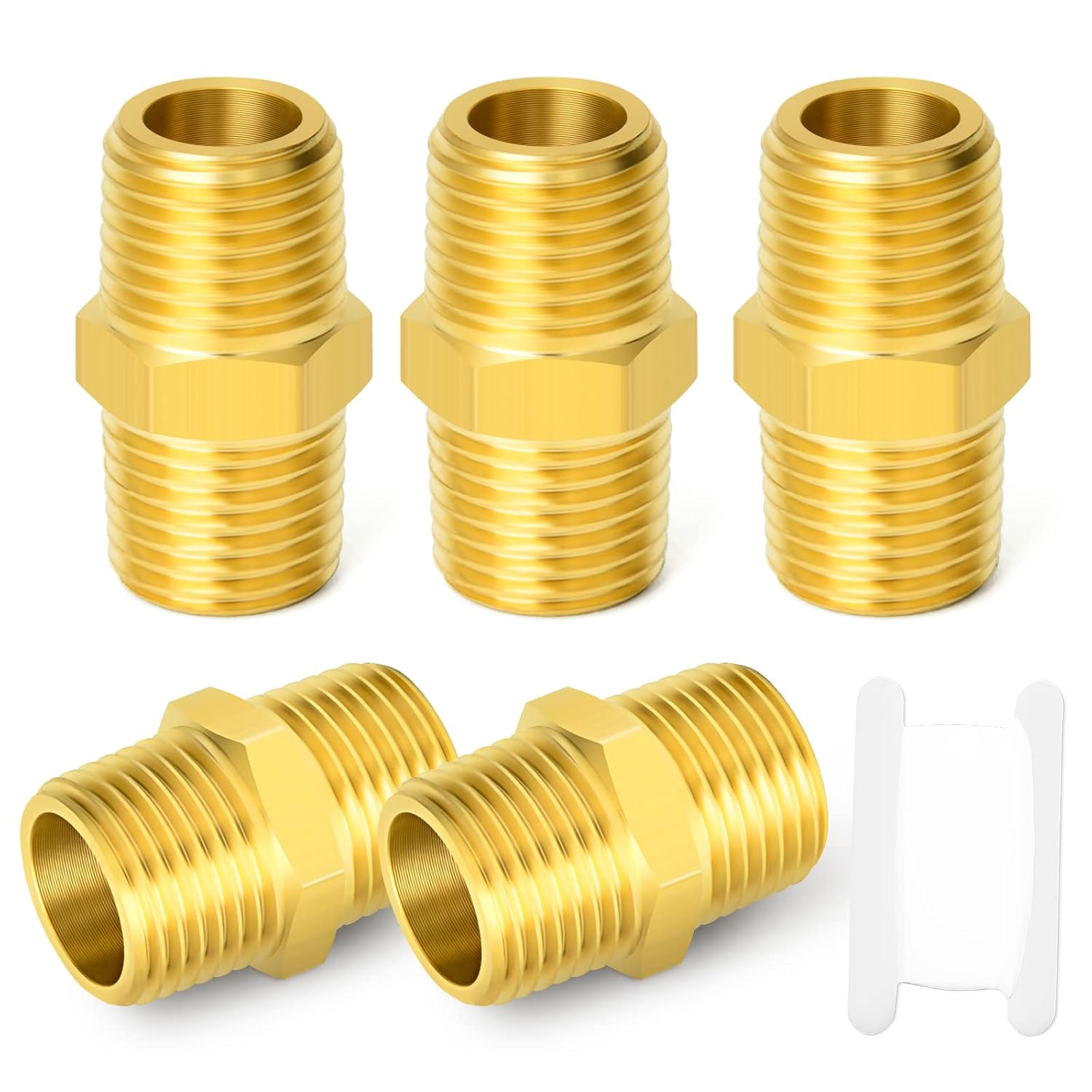 GASHER 5PC Brass Pipe Fitting, Reducing Hex Nipple, 1/2Inch Male Pipe