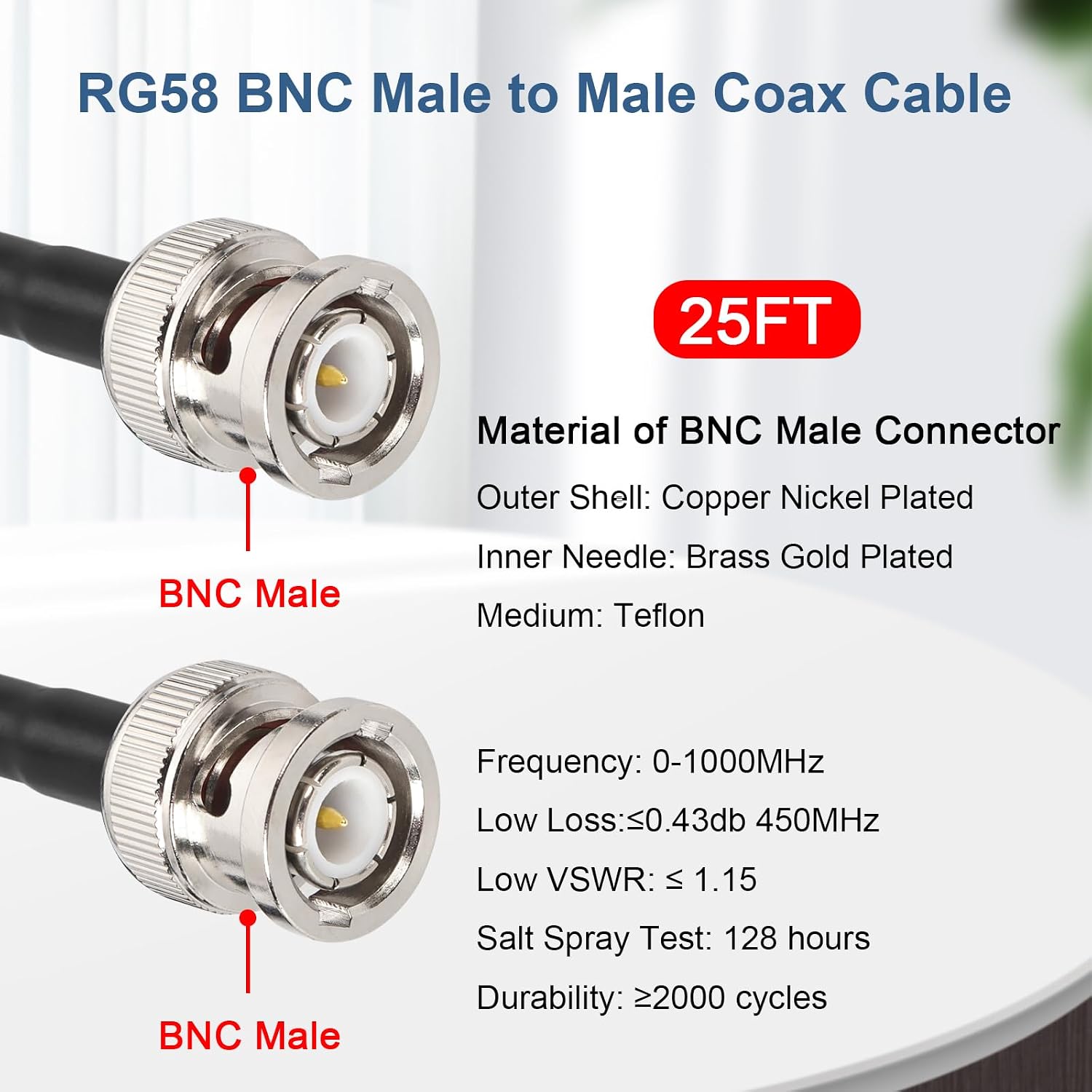 MOOKEERF BNC Cable -RG58 25FT BNC Coaxial Cable 50 ohm Male to Male Coax Cable Low Loss for Antennas, RF Radios, Modems, Oscilloscopes, Spectrum, etc (Transparent)