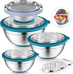 P&P CHEF Mixing Bowls with Lids Set of 3, Stainless Steel Mixing Bowl and Colander for Kitchen, 3 Grater Attachments & Non-Slip Bottoms, Visible & Airtight Lid, Khaki