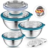 P&P CHEF Mixing Bowls with Lids Set of 3, Stainless Steel Mixing Bowl and Colander for Kitchen, 3 Grater Attachments & Non-Slip Bottoms, Visible & Airtight Lid, Blue