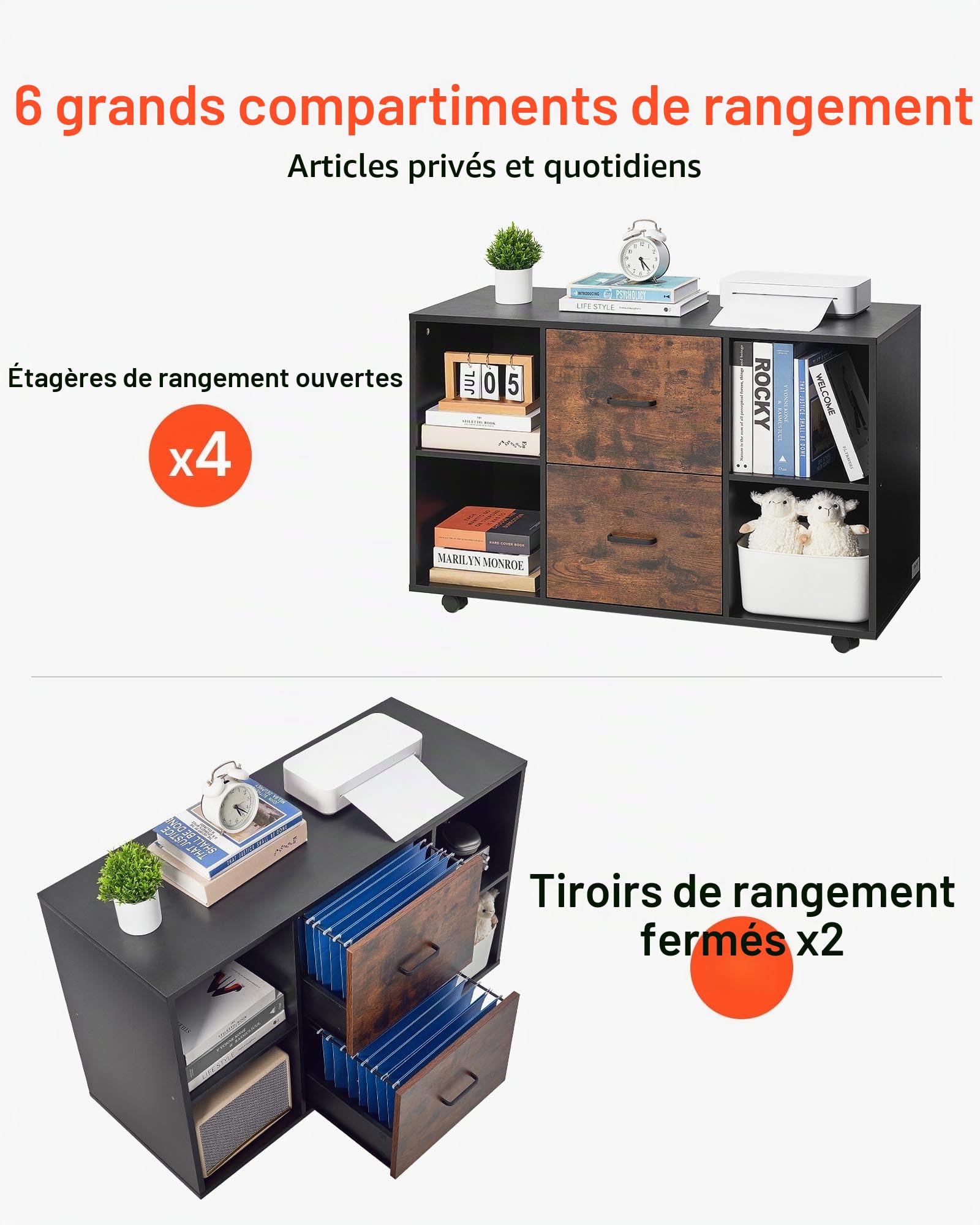 VEVOR Classeur Dossier Mobile en Bois, Meuble de Rangement de Bureau à 2 Tiroirs avec Étagères Ouvertes et roulettes Verrouillables, Support d'Imprimante Autonome pour Maison Bureau École, Noir