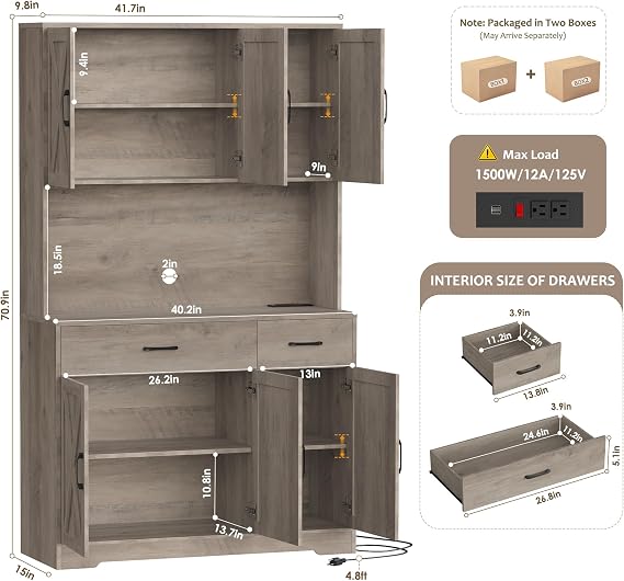 HOSTACK 71 H Kitchen Pantry Storage Cabinet, Farmhouse Hutch Cabinet, Grey | Space-Saving Pantry Cabinet with Charging Station & 2 Large Drawers & Adjustable Shelves, Tall Kitchen Hutch for Dining Room
