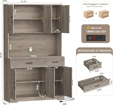HOSTACK 71 H Kitchen Pantry Storage Cabinet, Farmhouse Hutch Cabinet, Grey | Space-Saving Pantry Cabinet with Charging Station & 2 Large Drawers & Adjustable Shelves, Tall Kitchen Hutch for Dining Room