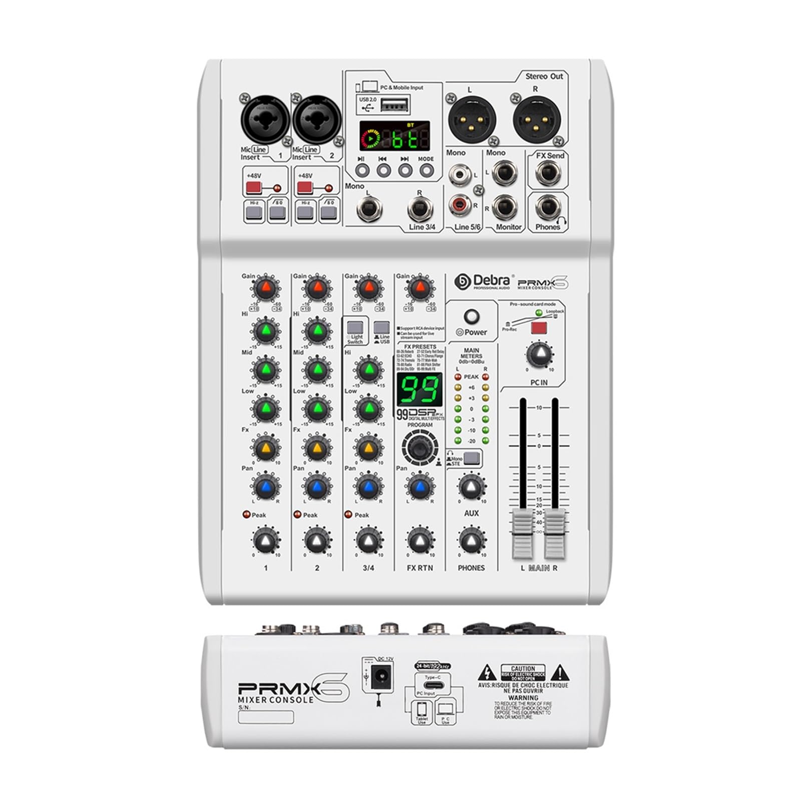 Mikser DJ-ski, DJ Console Mikser 99 Efekty DSP Konsola miksująca PRMX-6 z 5.0 BT 24bit/192k Do nagrywania instrumentów muzycznych