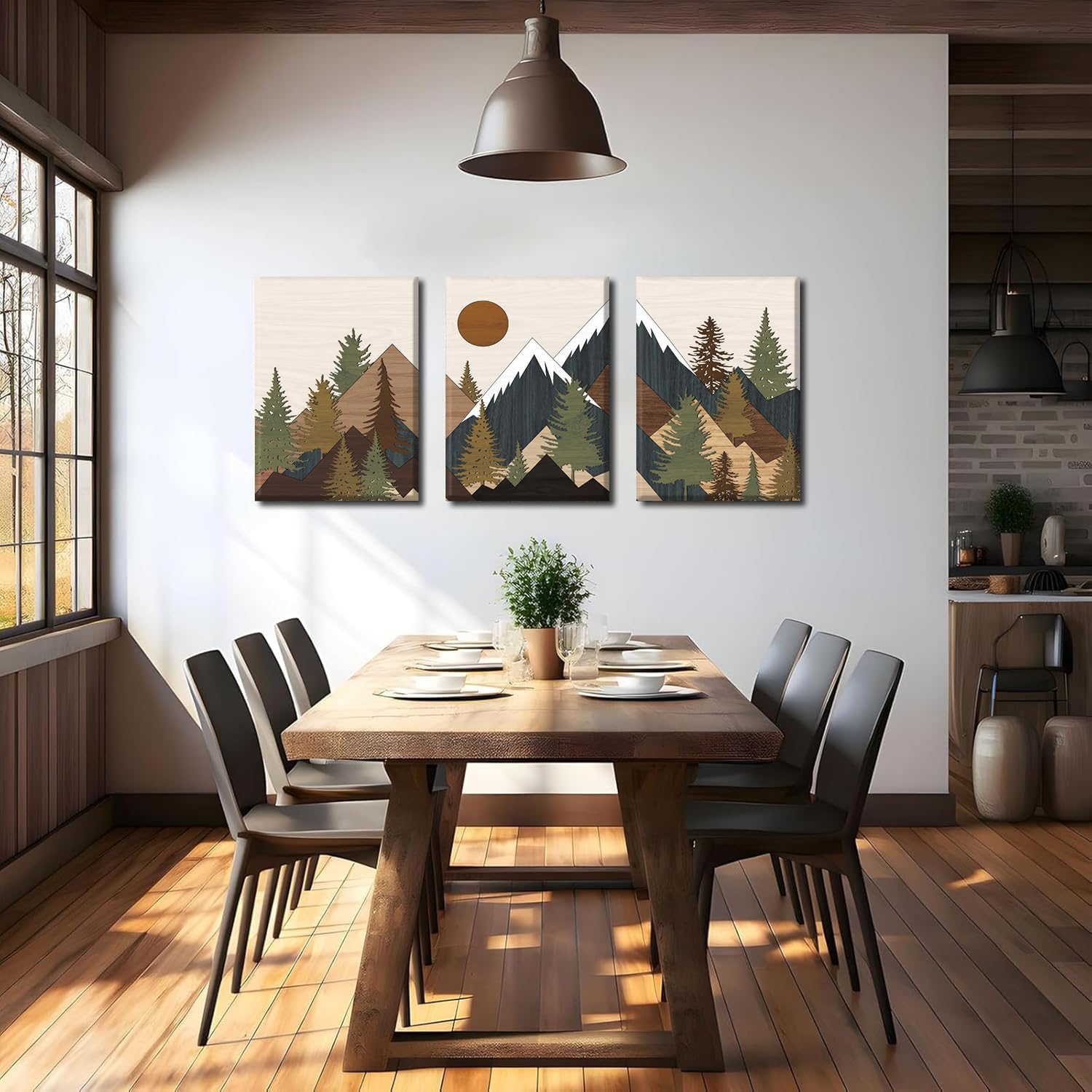 YTAPIFS 3 Piece Mountain Canvas Wall Art - Modern Boho Forest Landscape Painting, Nature Themed Neutral Earth Tones Decor, Framed 3 Panel Picture for Living Room, Bedroom, Office - 12"x16" x 3 Panels