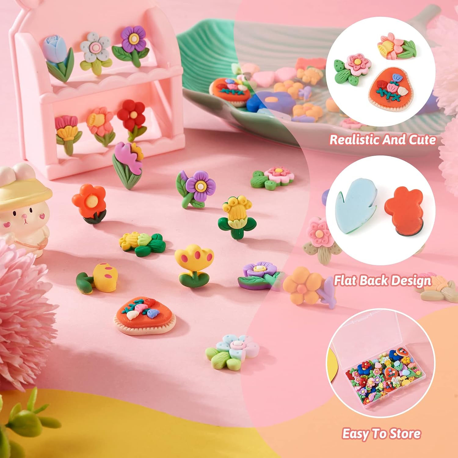 Craftdady 64Pcs Opaque Resin Flower Cabochons Mixed Color Flatback Floral Beads Charms Embellishments for DIY Crafts Scrapbooks Pone Cases Hair Clips Decoration