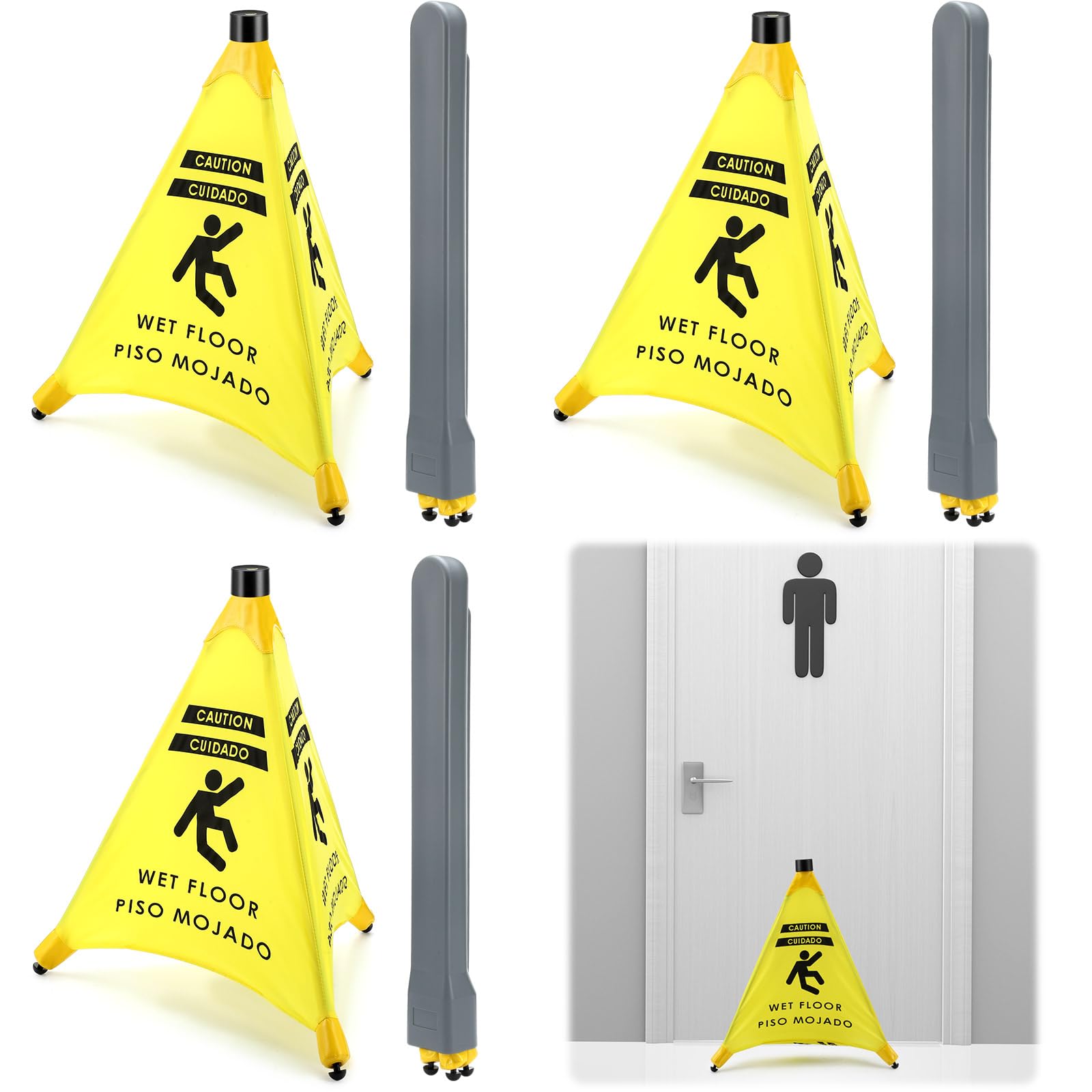 Ceenna 4 Pcs 19.5 Inch Wet Floor Sign Pop-up Safety Cone with Storage Tube Wet Floor Symbol Yellow Warning Sign for Retail, Grocery, Office, Cinema,