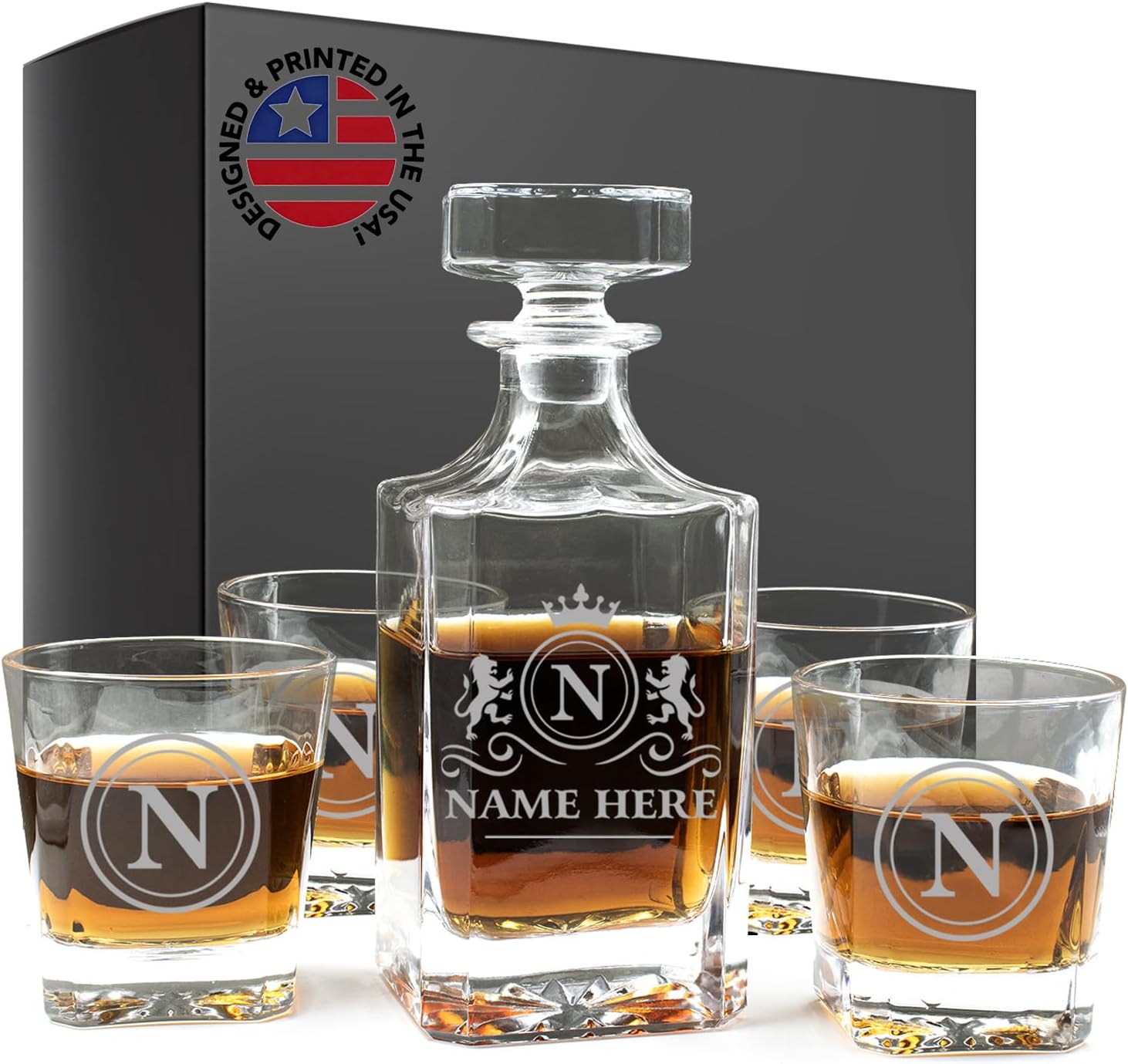 Personalized Whiskey Decanter Set - Custom Engraved 25oz Liquor Decanter with 2 Whiskey Glasses - Etched Bourbon, Scotch, Rum Carafe - Unique Gift for Men, Produced In the USA