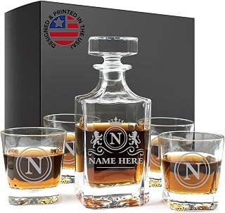 Personalized Whiskey Decanter Set - Custom Engraved 25oz Liquor Decanter with 2 Whiskey Glasses - Etched Bourbon, Scotch, Rum Carafe - Unique Gift for Men, Produced In the USA