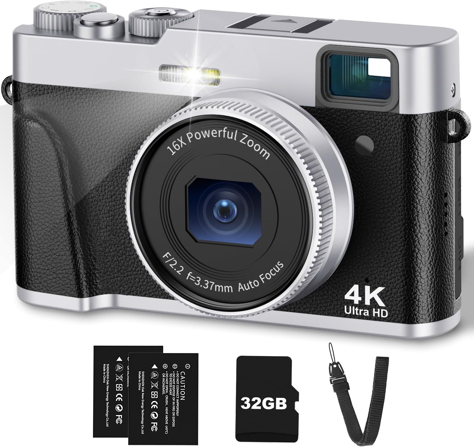 CAMKORY Digital Camera 4K 48MP Photo Camera Auto Focus 32G Card Optical Viewfinder Camera Compact Camera Digital Camera Small Easy to Use 16x Zoom Flash 2 Battery Beginners