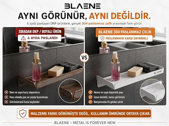 BTH-001 Köşe Duş Rafı, Paslanmaz Çelik, Drenaj Delikli, Paslanmaya Dayanıklı, Fırçalanmış, Duvara Montaj, 25x25x5 cm