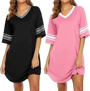 Nightgowns for Women 2 Pack Sleepshirts Short Sleeve Nightshirt V Neck Sleepwear Casual Pajama Dress