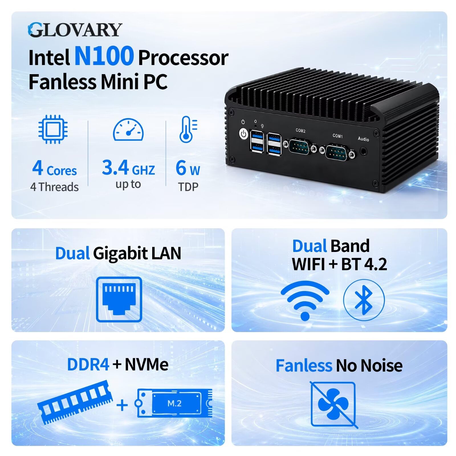 Fanless Mini PC N100, Barebone, Dual LAN Industrial PC, Mini Ordenador de Escritorio Home Office, 4RS232 COM, 4USB3.0, 2USB2.0, Auto Power On