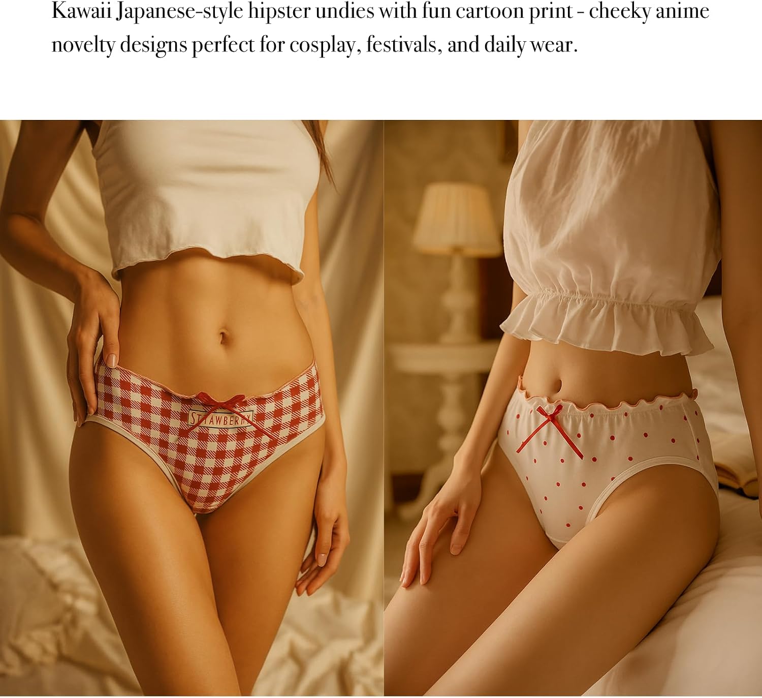 Cute Cotton Women's Panties - 4 Pack Kawaii Ruffled Heart Print, Strawberry, Polka Dots & Plaid Underwear for Comfort & Styl