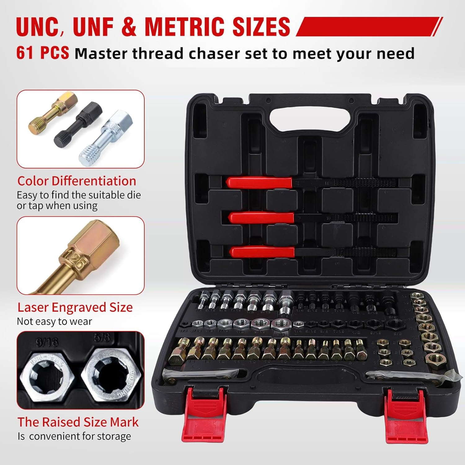 Eujgoov 61Pcs Metric Thread Repair Kit Portable Thread Restorer Tool Carbon Steel for Automotive Machinery Damaged Repair (61-Piece)