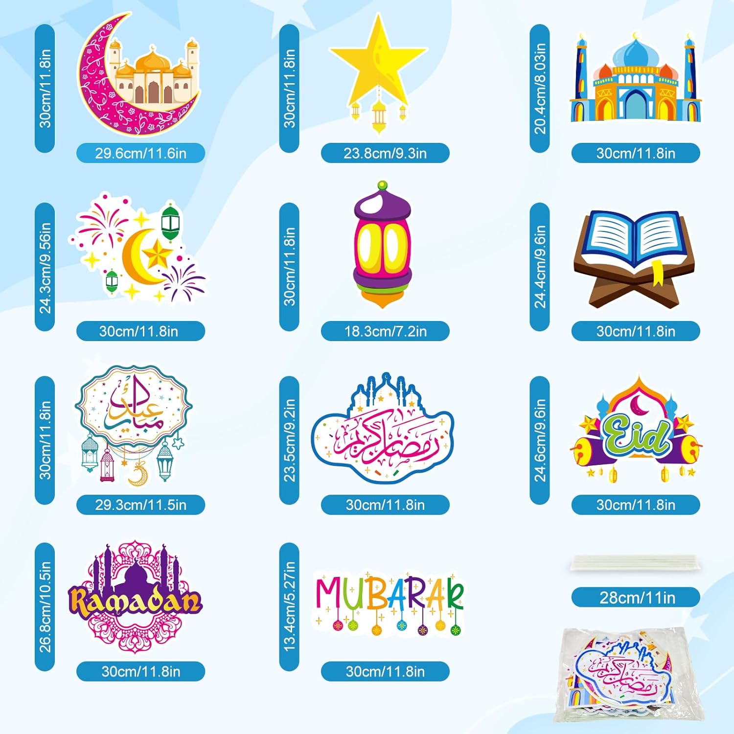 Eid Gift Yard Signs - Eid Mubarak Muslim Mosque Moon Star Lantern House Flags Banner, Islamic Festival Celebration Outdoor Party Décor, Single-Sided + 12 Balloons