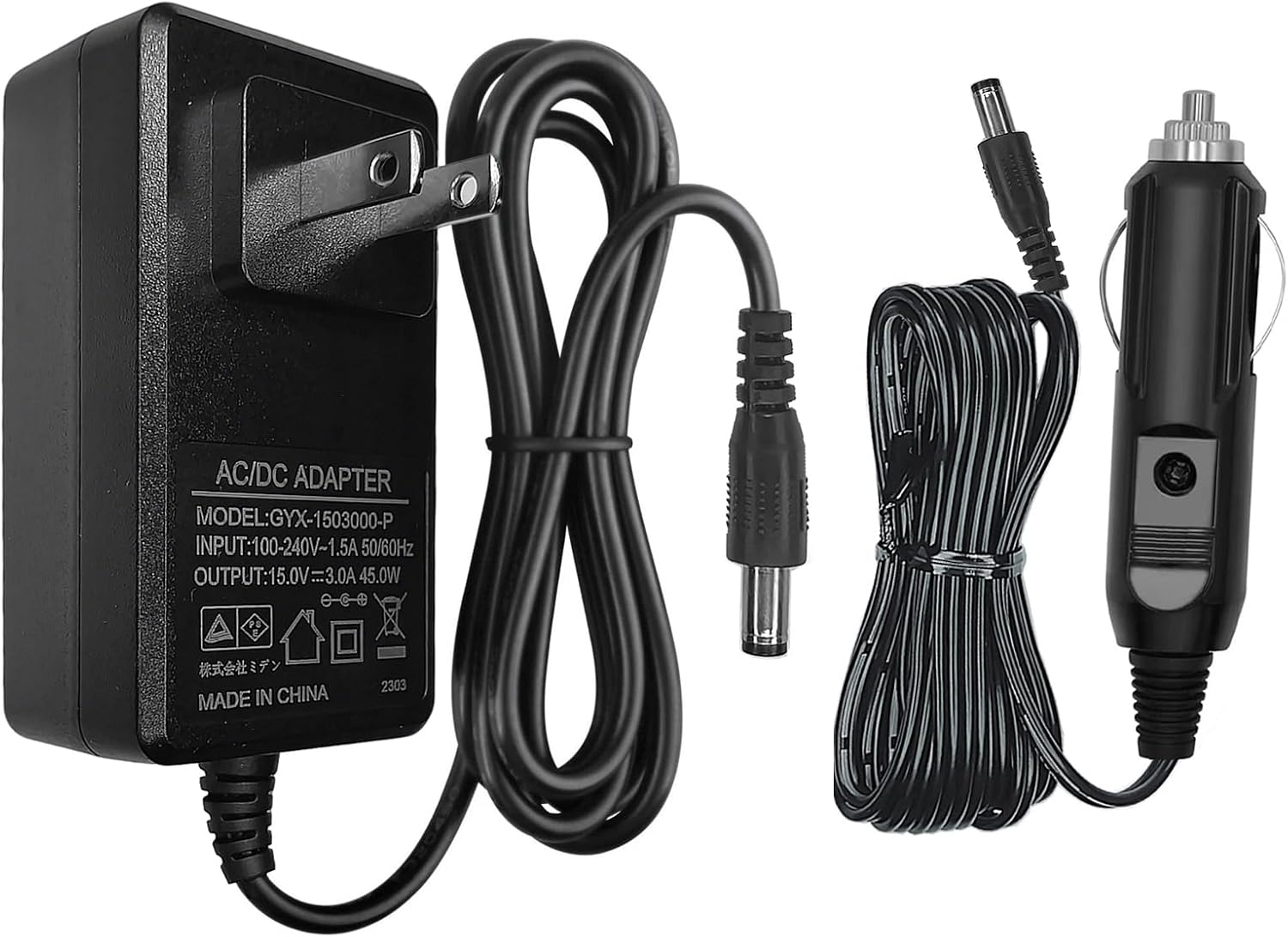 15V 3A-3.2A AC/DC Adapter + Car Charger for 4Patriots Power Sidekick D320 | 4 Patriot 810026143830 299Wh Portable Station 300W Solar Generator Battery CTECHi GT200 Pro T240 FY0631503200 Supply Cord